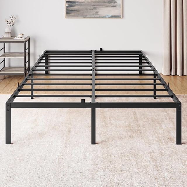 Cadre de Lit Grand en Métal de 14 Pouces, avec Rangement sous le Lit, Lit Plateforme Robuste avec Lattes en Acier, Base de Matelas Silencieuse, Aucun Sommier Requis, Assemblage Facile, Noir