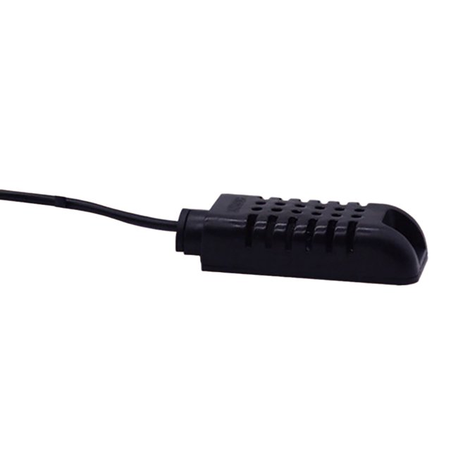 Sonoff TH10 WiFi Smart Switch Remote Controller Smartphone Temperature and Humidity Sensor for Smart Home. The image shows a black temperature and humidity sensor with a compact, vented design and a connected cable. This sensor is compatible with the Sonoff TH10 smart switch and supports real-time monitoring of temperature and humidity through the eWeLink app. Suitable for use with devices like electric fans, air conditioners, humidifiers, smart fish tanks, and home brewing setups to monitor fermentation conditions.