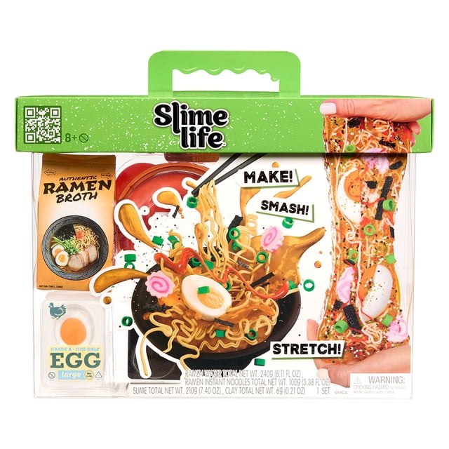 Slime Life Ramen DIY Slime Kit featuring multicolour slime components shaped like ramen ingredients including broth, noodles, two egg halves, fish cakes, green onions, seaweed strips, and seasoning packets in a green-handled box, shown being stretched and smashed for a sensory play experience suitable for ages 8 and up.