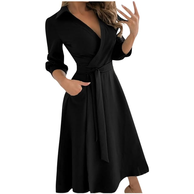 Fridja Femmes Occasionnels Bandage en Vrac Demi-Manche Solide V-Cou Robe Cheville-Longueur