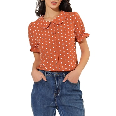 INSPIRE CHIC Women's Polka Dots Shirt Short Puff Sleeve Vintage Button Up Peter Pan Collar Blouse Tops XS Orange Red