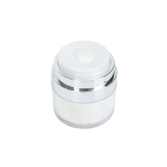 EQB - Pots à Pompe Sans Air - 3 Pcs Montrant un Gros Plan d'Un Pot Cosmétique Blanc Rechargeable avec une base Transparente et un Dessus à Pompe Sans Air Argenté, Conçu pour une Distribution Sans Dégâts de Produits de Soins de la Peau comme les Crèmes et les lotions, Idéal pour les Trousses de Toilette de Voyage et l'Utilisation en Déplacement.