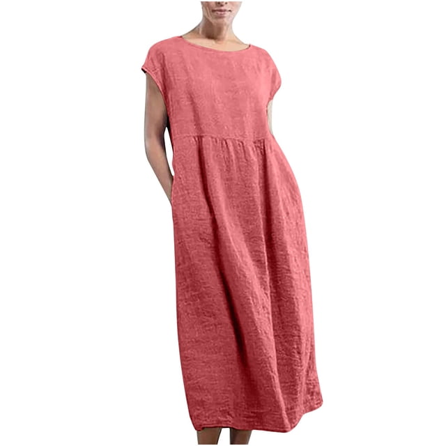 JGGSPWM Robe Maxi d'Été en Lin à Manches Courtes pour Femme, Décontractée et Fluide, avec Poches, pour Plage et Vacances, Rouge 5TG