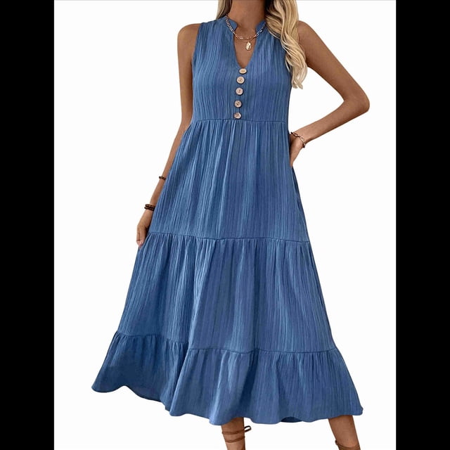Robe Chemise Sans Manches d'Été 2025 pour Femmes Col en V Décontractée Midi Bleu m