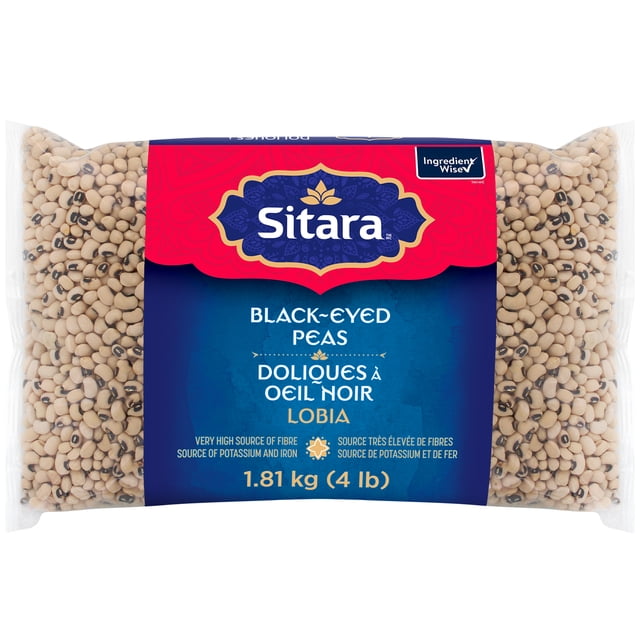 Sitara Pois à Oeil Noir 1,81 kg (4 lb) Emballés dans un Sac en Plastique Transparent Montrant des Pois à Oeil Noir Beiges Séchés avec des Taches Noires, avec une Étiquette Sitara Rouge et Bleue Mettant en Valeur Sa Riche Teneur en Fibres, potassium et Fer, Convient aux Soupes, Ragoûts, Salades et Repas à Base de Plantes.