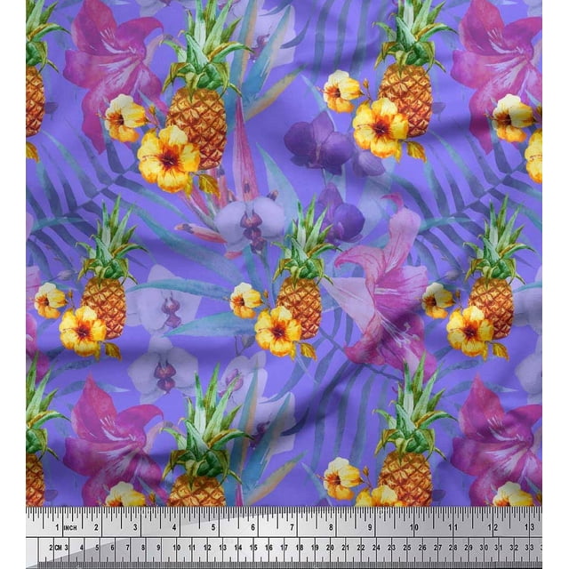 Soimoi Purple Poly Georgette Fabric Lily & Pine Fruits Decor Fabric Printed Yard 52 Inch Wide
