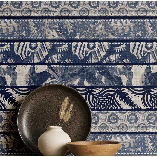 S4Sassy Self-Stick Decorative Boho Wallpaper, Handblock Striped Wall Paper, Textured Vinyl Waterproof Contact Paper, Blue, 25"X360" Removable Renter Friendly Wall Covering For Bedroom, Dining Room
