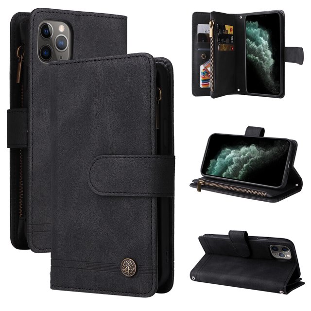 Case for iPhone 11 Pro Max Cover Zipper Pocket Wallet Case Magnetic Protective in black. Features a premium PU leather design with a zipper coin pocket, 9 card slots, and a side pocket for cash or additional cards. Includes a magnetic flip closure for secure storage and can be used as a stand for reading or watching videos. Provides full-frame protection with raised edges and shockproof corners.
