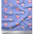 thumbnail image 1 of Soimoi Blue Silk Fabric Pink Flower & Check Print Sewing Fabric BTY 42 Inch Wide, 1 of 5