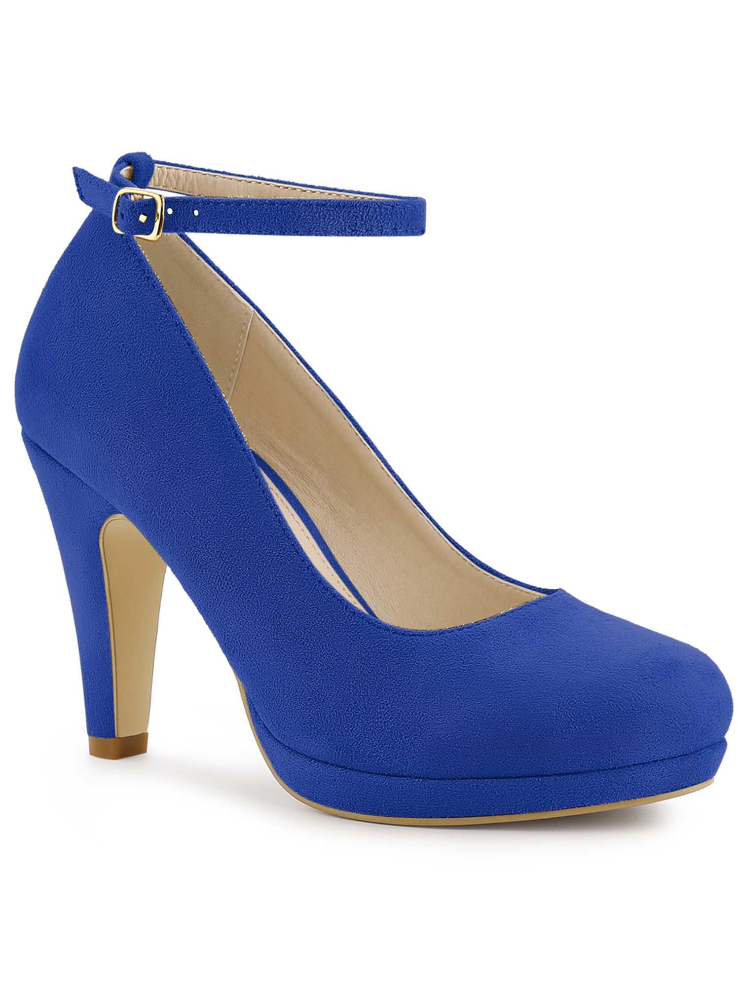 BLISSFUL STEP Chaussures pour Femmes Bout Rond Talon Aiguille Bride à la Cheville Escarpins Bleu Foncé 6,5