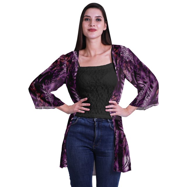 Moomaya Printed Georgette Shrug Ruffled Back Drop Hem Beach Cover Up For Women