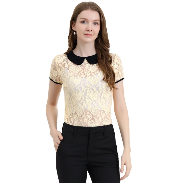 INSPIRE CHIC Blouse en Dentelle Transparente à Manches Courtes pour Femme à Col Peter Pan Contrastant S Beige