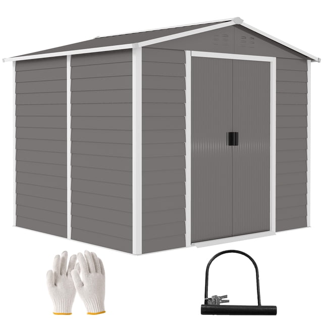 Outsunny 8'x7' metal garden storage shed in light grey, constructed with galvanized steel and wood grain effect panels. Features a sloped roof, lockable sliding doors, ventilation windows, and a floor foundation. Includes installation gloves for assembly.