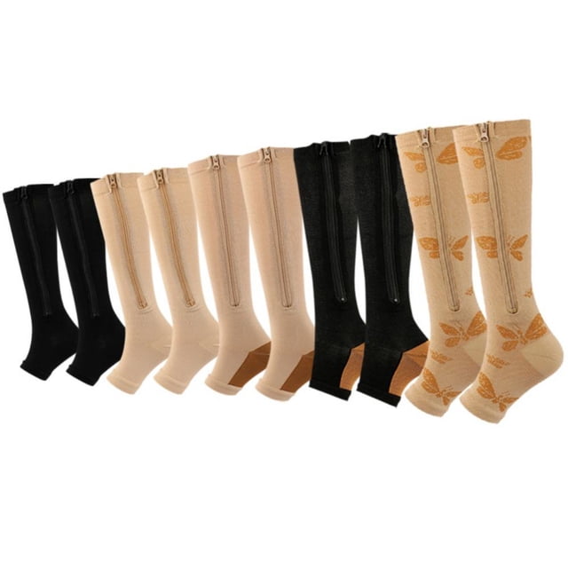 Aosijia 5 Pairs Unisex Compression Socks Toe Open Leg Support Stocking Knee High Socks with Zipper for Mens Womens M