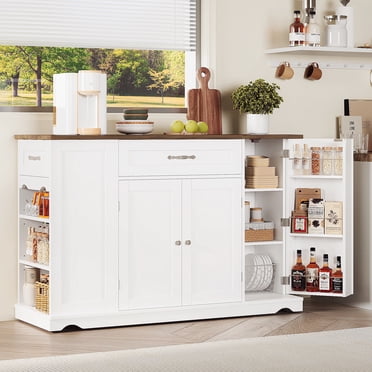 Homfa Kitchen Island with Wheels & Adjustable Shelf, 2 Drawer Modern Buffet Cabinet Sideboard Coffee Bar for Dining Room Living Room, White