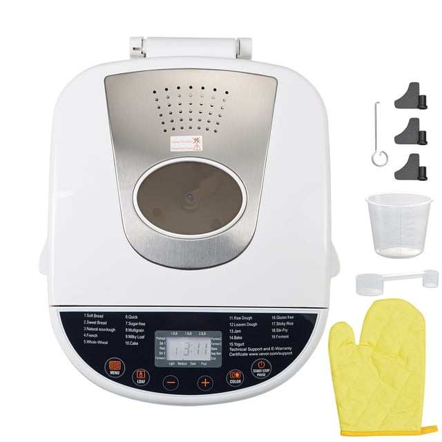 KFFKFF Bread Crafting Device in white with a multifunctional design featuring 19 settings and a 2-pound capacity. The device includes a ceramic-coated pan, a top viewing window, and a digital control panel with options for crust shades and bread sizes. Accessories such as a measuring cup, spoon, blade removal hook, heat-resistant glove, and mixing blades are displayed alongside.