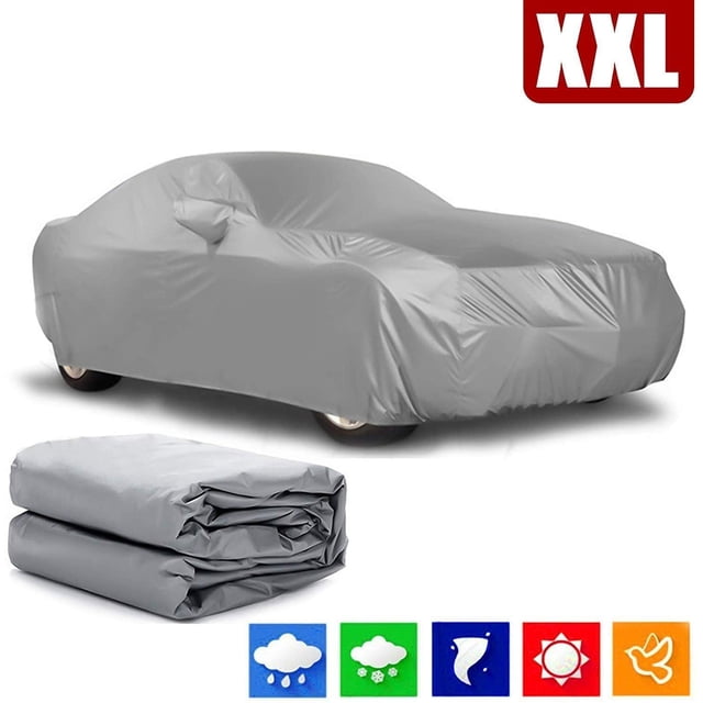 Car Covers Waterproof Anti-ultraviolet by TAIWO, shown in a grey XXL size, fully covering a car. The cover is weatherproof, dirt-repellent, and protects against UV rays, rain, frost, snow, bird droppings, and scratches. Includes a folded view of the cover and icons representing weather resistance.