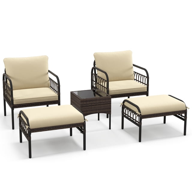 Gymax Ensemble de Meubles en Osier 5 Pcs Ensemble de Chaises en Rotin PE avec Ottomans et Table à Café pour Patio