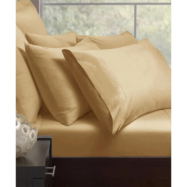 Malibu Home Satin Charmeuse Bed Sheet Sets in beige, featuring smooth, wrinkle-free polyester sateen fabric with a 15-inch deep pocket fitted sheet, designed for durability and silky comfort, ideal for enhancing bedroom bedding sets.