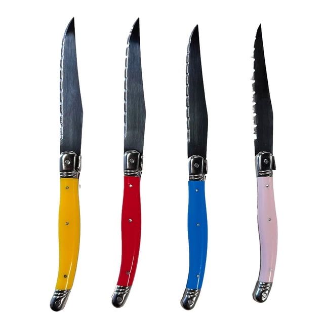 JS Gourmet Ensemble de 4 Couteaux à steak Laguiole avec Lames Dentelées en Acier Inoxydable de 2,5 mm d'Épaisseur et Poignées Multicolores. les Couteaux, Idéaux pour les Dressages de table, Présentent des Poignées Jaunes, Rouges, Bleues et Roses Vibrantes avec des Détails Élégants à la base. Parfaits pour Couper les Viandes, le Poisson, le Pain et les Fromages, et Convenant aux collections de Coutellerie.