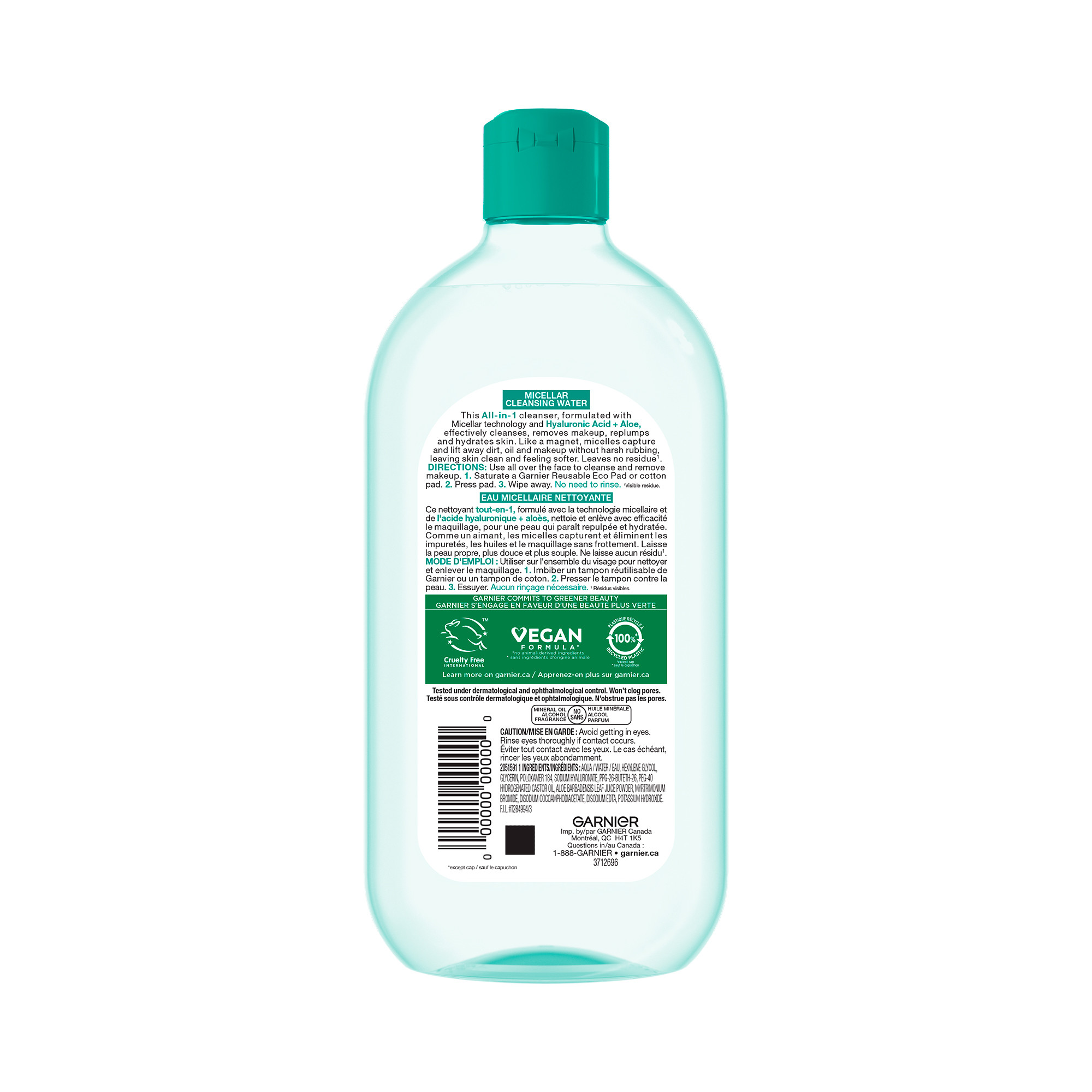 Garnier Eau Micellaire Nettoyante Tout-en-1 à L'acide hyaluronique, Convient Aux Peaux Sensibles, Cruelty Free International et Végétalien