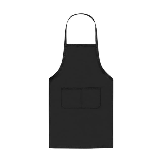 Apron Waterproof Work Apron Kitchen Western Food Waist Hanging Neck in a solid black color. Made of durable polyester material, it features a neck strap, waist ties, and two front pockets for convenience. Dimensions are approximately 72.5 cm (28.5 inches) in length and 58 cm (22.8 inches) in width. Suitable for kitchen work, it is wear-resistant, dirt-resistant, and easy to wash.