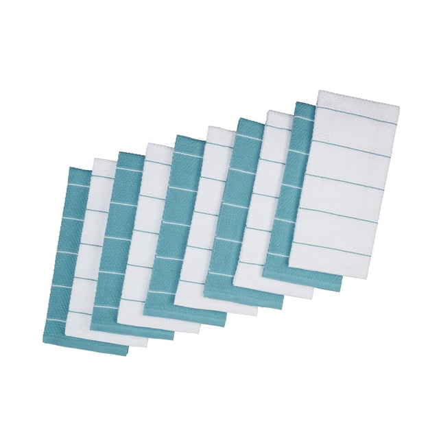 Mainstays Dobby Rice Weave Kitchen Towels, 15x25 inches, set of 10 kitchen linens in alternating teal and white with teal grid stripes, made of 100% cotton, arranged in a staggered stack on a white background, suitable for drying dishes or wiping surfaces.