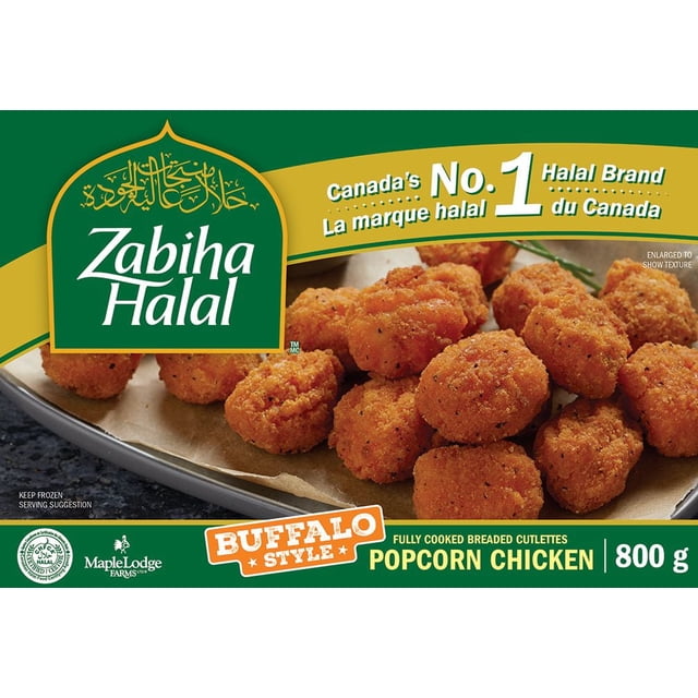 Zabiha Halal Poulet Maïs Soufflé Buffalo 800 g Montrant Entièrement Cuit, Morceaux de Poulet Maïs Soufflé Panés avec un Enrobage Croustillant et Assaisonné sur Papier Parchemin dans un Plateau, de Marque Halal No 1 au Canada, Idéal pour les Repas de Poulet Surgelés et les Collations Familiales.