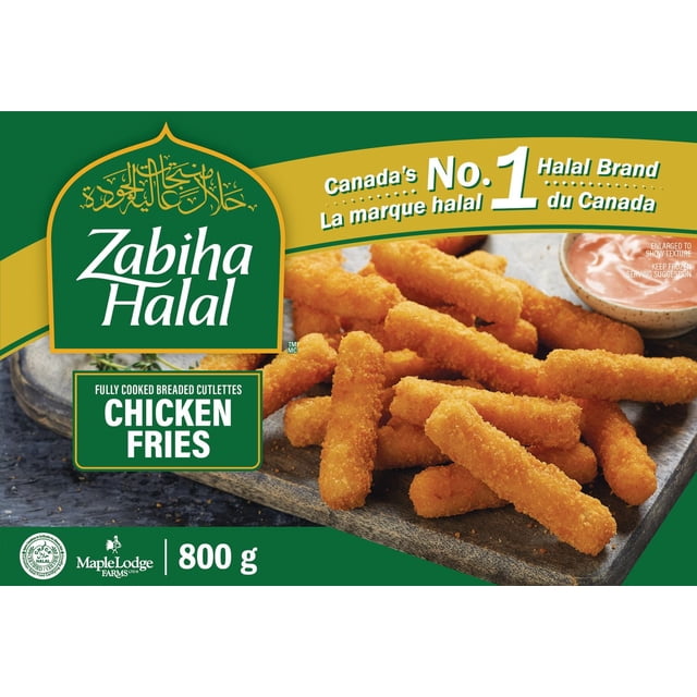 Zabiha Halal Chicken Fries fully cooked breaded chicken breast cutlets weighing 800 g, arranged on a dark serving board with a side of dipping sauce, showing crispy golden texture, labeled as Canada's No. 1 halal brand, suitable for quick frozen meal snacks.