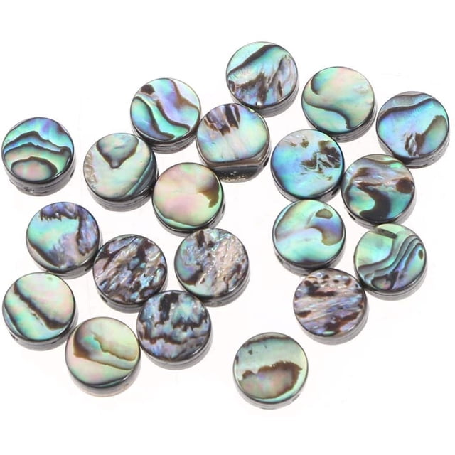 20pcs Natural Abalone Shell Beads, flat round spacer beads crafted from premium abalone shell material, showcasing iridescent patterns in green, blue, and black hues. Perfect for DIY jewelry making, such as earrings, necklaces, bracelets, and other creative craft projects.
