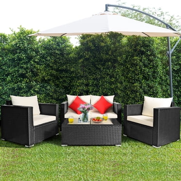 Patiojoy 4PCS Patio Rattan Wicker Conversation Furniture Set Sectional Sofa & Coffee Table