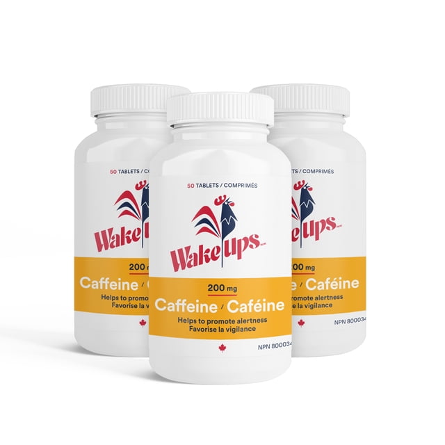 Wake-Ups 200mg Caffeine Tablets, displayed as three bottles with 50 tablets each. The bottles feature a white design with a yellow label and a rooster logo. Promotes alertness, endurance, and cognitive performance. Ideal as an energy support supplement. Registered natural health product with Health Canada: NPN 80003474.