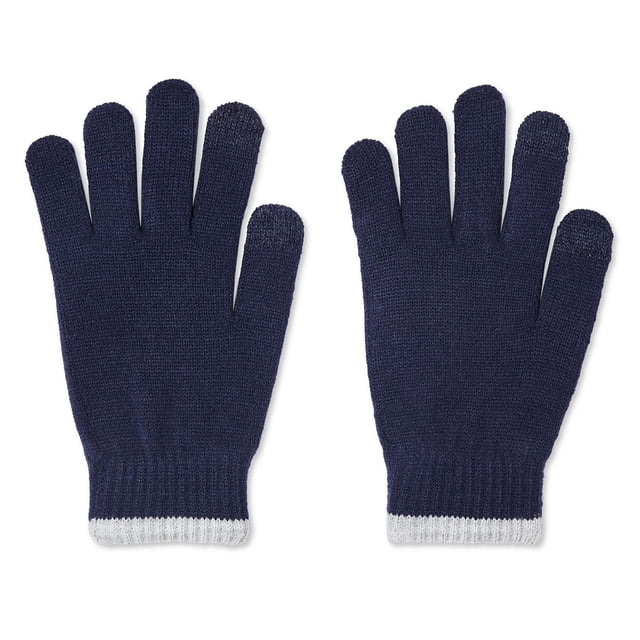 George Men's Gloves in navy blue knit fabric with ribbed white-trimmed cuffs, designed for warmth and a secure fit, shown flat on a white background, ideal for cold weather and men's accessories, also suitable for outdoor activities.