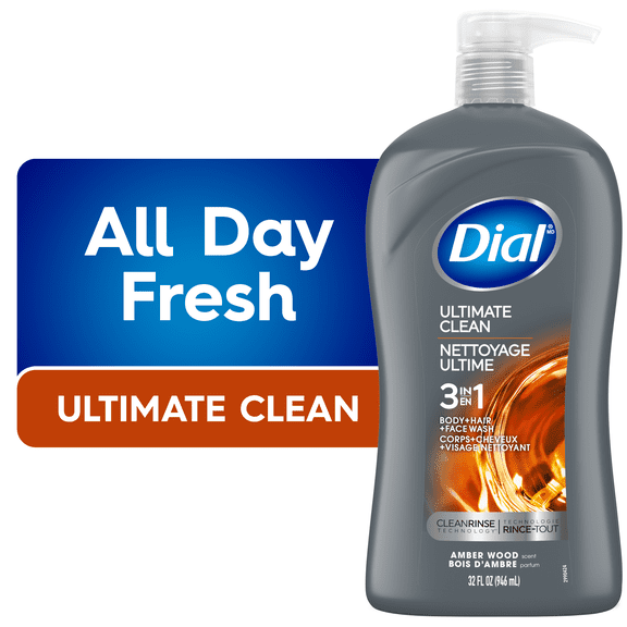 Dial Men 3in1, Body, Wash, Hair Wash, Face Wash, Amber Wood Scent, 946ml, Dermatologist Tested, Free from Silicones, Parabens, Phthalates