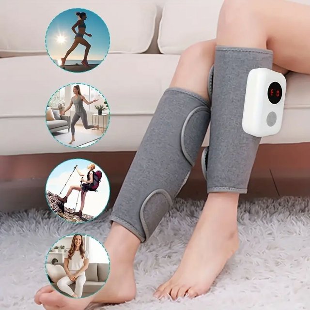 Leg Massager, Leg Compression Massager for Circulation shown in use on a person's calves. The grey wraps feature Velcro closures and a handheld controller with an LED display. Three smaller images highlight its use during exercise, hiking, and relaxation. Designed for improving circulation, relieving leg fatigue, providing heat therapy, and offering wireless convenience with adjustable modes and intensities for pain relief.