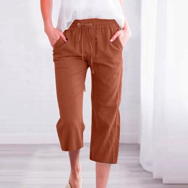 Jsaierl Capris en Lin pour Femmes, Coton, Cordon de Serrage, Taille Élastique, Pantalons avec Poches, Grande Taille, Décontractés, Amples, Jambes Larges, Pantalons d'Été, Capris de Couleur Unie