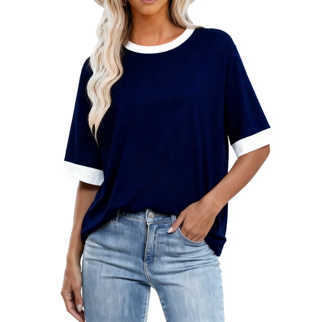 Staron Plus Size T-Shirts for Women Casual Patchwork Color Round Neck Short Sleeve Loose Comfy Basic Spring Summer Top, Navy XXL