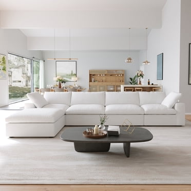 Sodrens Free Convertible Sectional Sofa Modular Couch,L-Shaped Modern Linen Fabric Sofa for Living Room,Apartment and Small Space,4-Seat Sofa with Ottoman,White