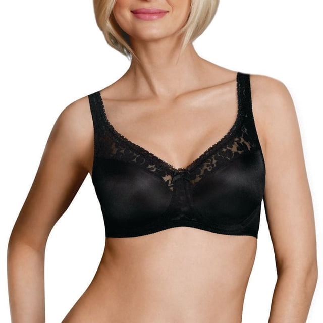 Warner's Firm Support Underwire Bra in black, front view on a model, featuring full support underwire with molded cups, smooth satin simplex fabric, and stretch lace top for comfort and minimizing bust projection by up to one cup size, ideal for daily wear.