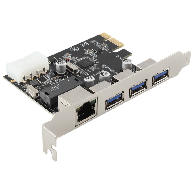 Fente PCIe vers RJ45 Carte d'Extension PCIe USB 3.0 avec Contrôleur Ethernet Gigabit, Montrée en Gros Plan. la Carte Noire et Métallique Présente Trois ports USB 3.0, un port Ethernet RJ-45 et un Connecteur PCI Express. Conçue pour PC de Bureau, Prend en Charge des Taux de Transfert de Données jusqu'à 5 Gbps avec Amélioration UASP et Offre des Vitesses Ethernet de 10/100/1000 Mbps. Compatible avec les Emplacements PCIe x1, x4, x8 et x16, et Fonctionne avec les