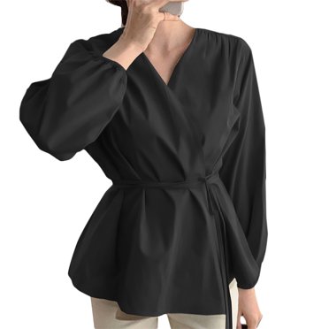 CEHVOM Women Solid Long Sleeve V-Collar Bandage Loose Top Puff Sleeve Shirts Blouse
