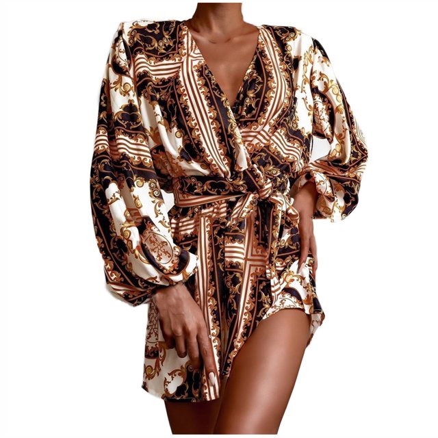 Pompotops Robes Mini à Volants Imprimé Floral Manches Longues Col en V Décontracté pour Femmes