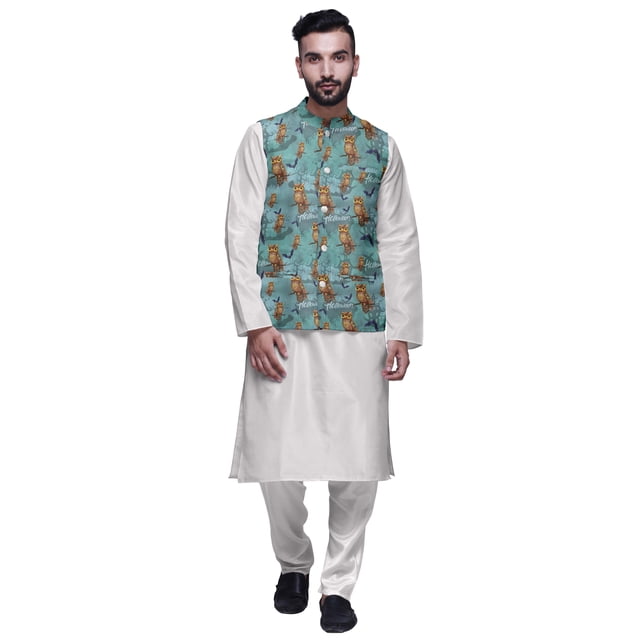 Atasi Ethnic Dupion Silk Kurta Pyajama Set With Printed Nehru Jacket For Mens