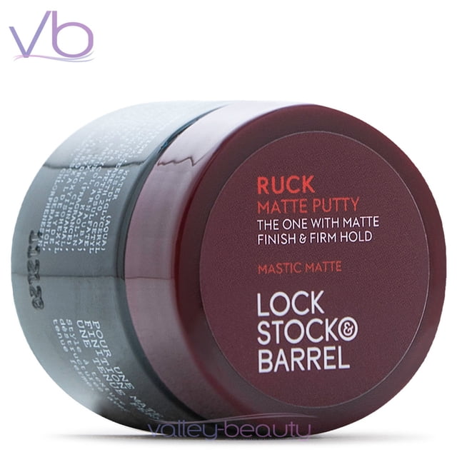 Lock Stock & Barrel Ruck Matte Putty, 1.06oz, a firm hold matte finish hair styling product in a compact 30g container. The jar features a dark maroon lid with bold white and red text highlighting its matte and firm hold properties. Suitable for all hair types, especially short styles, it provides texture and volume with a pliable hold. The product is paraben-free, phthalate-free, cruelty-free, and water-soluble for easy washing.
