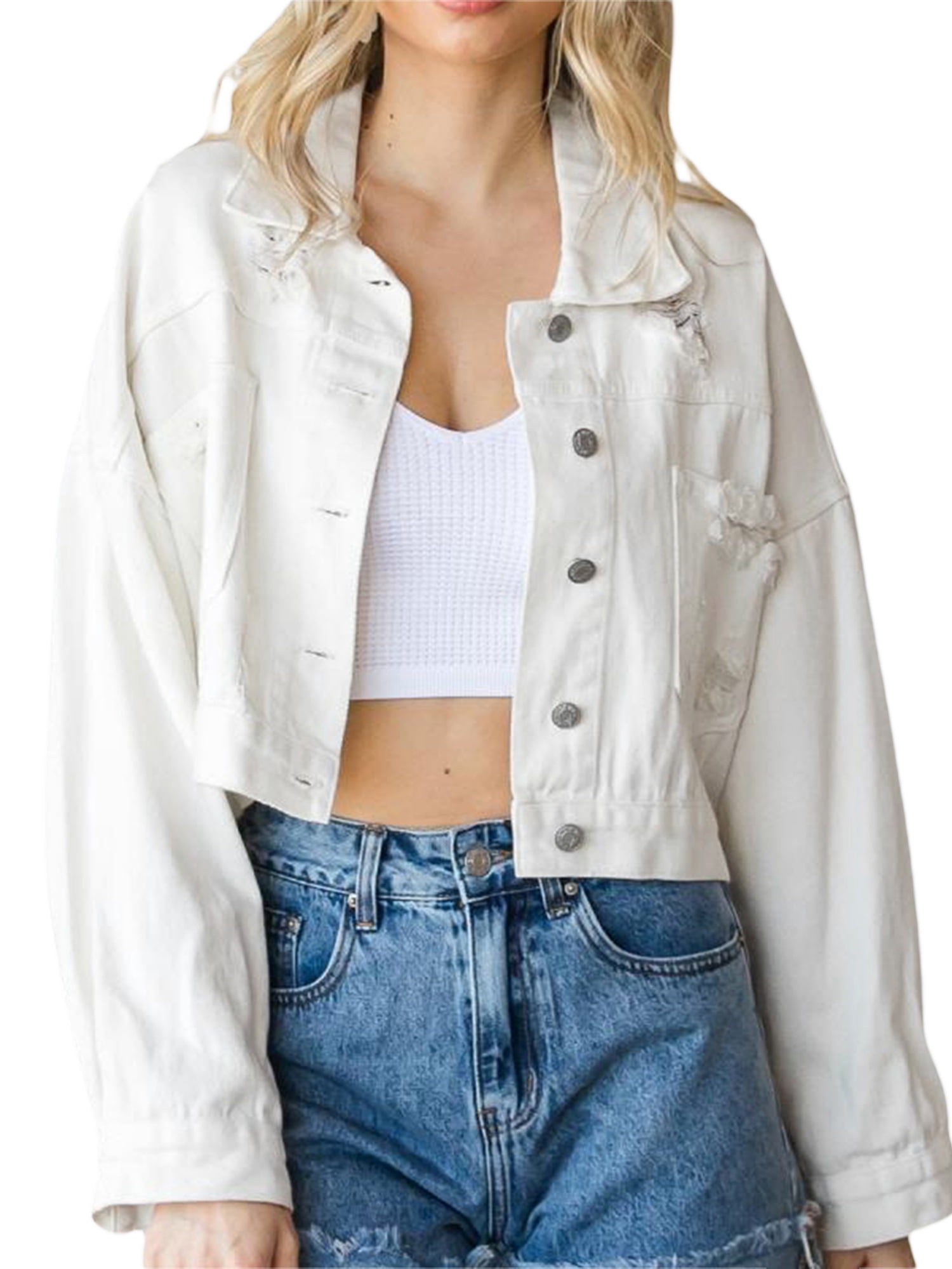 Kmbangi Women Jacket with Rhinestone Tassel Casual Button down Ripped Denim Crop Jean Jacket Spring Fall Outwear