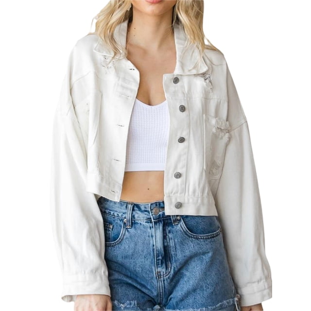 Diconna Veste en Jean Courte pour Femmes, Décontractée, Boutonnée, en Denim Déchiré avec Franges en Strass, Manteau d'Automne