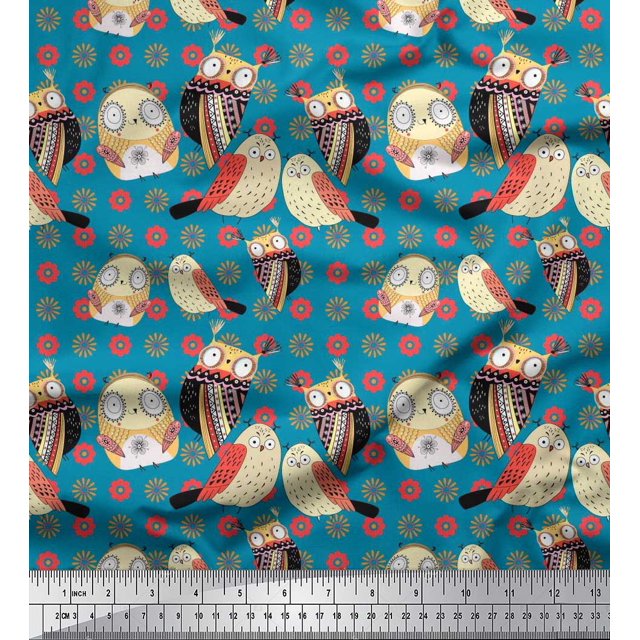 Soimoi Modal Satin Fabric Floral & Owl Cartoon Printed Craft Fabric by The Yard 42 Inch Wide