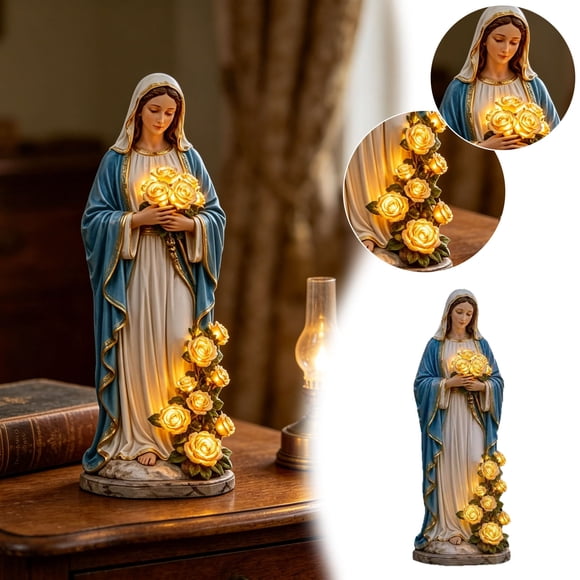 Outdor Virgin Mary Garden Light Virgin Mary Solar Statue With Glowing Roses Resin Figurine Lamp For Outdoor Patio Porch Yard Memorial Catholic