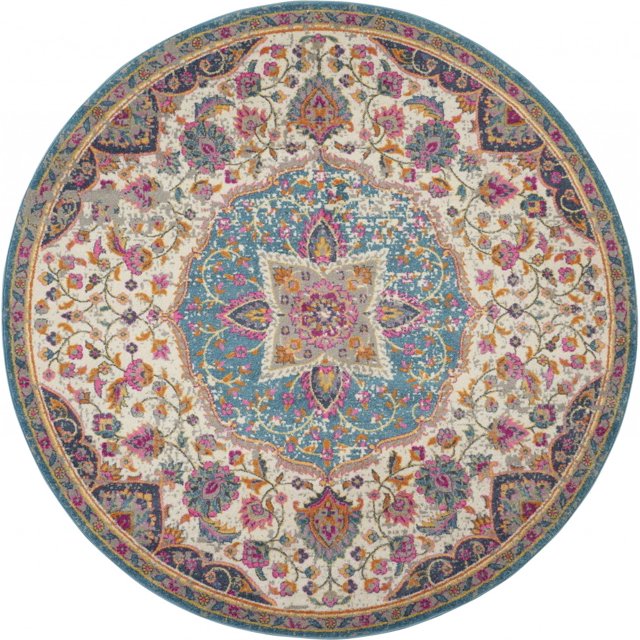 homeroots Décoration Intérieure 385532 Tapis Rond 5 Pieds Médaillon Floral Rose et Bleu