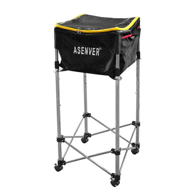 Stainless Steel Foldable Tennis Ball Hopper with Adjustable Height (76-95cm), 160-Ball Capacity, Portable Design with Casters & Dual-Zipper Opening for Easy Training - Black Nylon Sports Storage